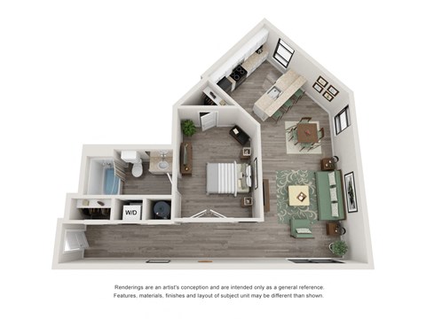 Floor plan for 1 bed, 1 bath, 859 sqft